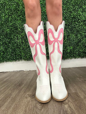 White Cowboy Boots with Pink Bows