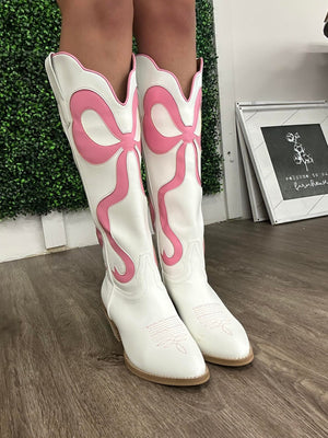 White Cowboy Boots with Pink Bows